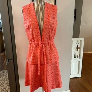 Vintage 70’s handmade 2 piece coral pink orange skirt set. Tie waist vest,unique